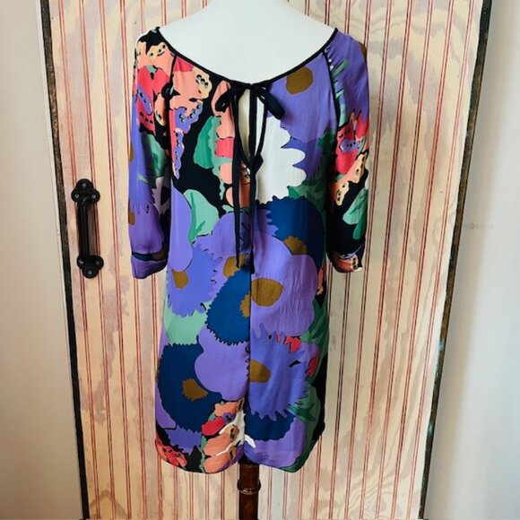 Tibi‎ Silk Bold Floral Mini Tunic Dress Smock Neck Tie Back Size 2 Purple Navy - Picture 4 of 8